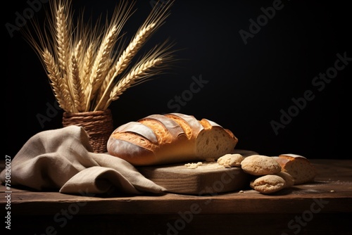 a loaf of bread and a basket of wheat
