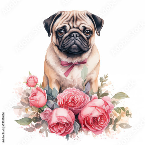 Watercolor illustration of pug dog with pink roses