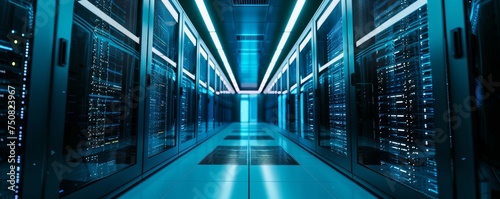 Futuristic data center with rows of server racks under vibrant blue neon lights, showcasing a high-tech, secure computing environment, ideal for tech events and IT-related themes.