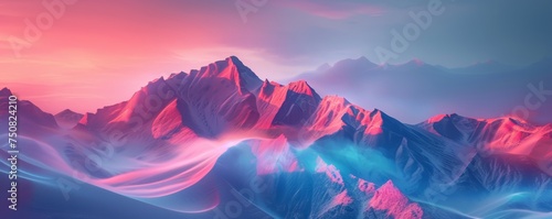 Digital art of mountains under a neon pink and blue ambient sky, capturing a serene yet otherworldly vibe, suitable for creative design or electronic music events.