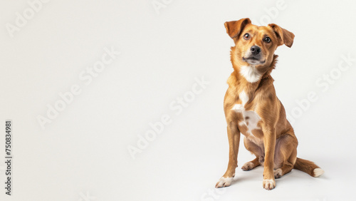 A curious mixed breed dog sitting on a white background, turning head with inquisitive expression