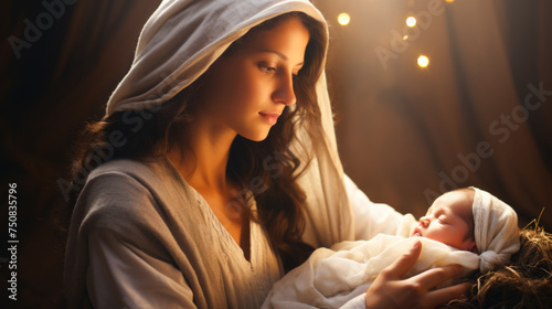 Virgin Mary cradling the newborn Jesus