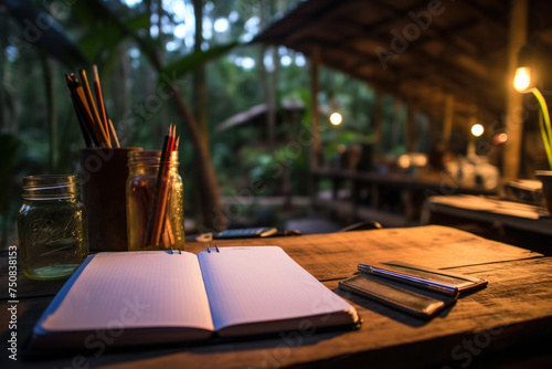 Open notebook on wooden table. Freelancer writer or student workplace, empty pages for work or study