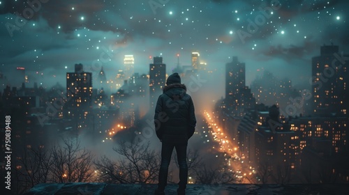 Person Standing on Hill Overlooking City at Night