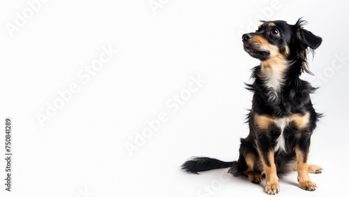 A small, black and tan dog looks up, appearing contemplative against a seamless white background