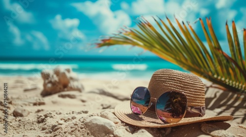 A hat and sunglasses lie on the sandy sea beach. Vacation, travel and recreation.