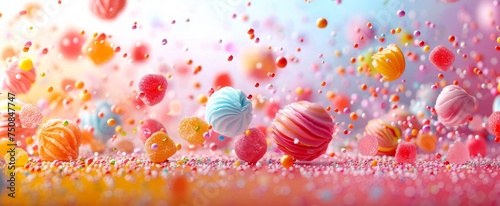Magical explosion of colorful candies and glitter, with a dreamy bokeh effect and pastel tones.