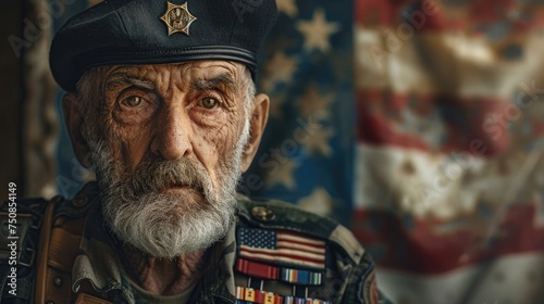 A portrait of a Jewish American veteran standing proudly in front of an American flag, with a subtle Star of David pin on their lapel, symbolizing a proud heritage and patriotic service