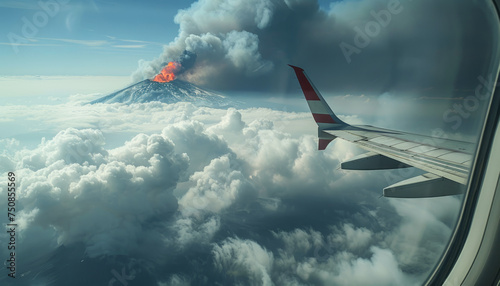 View from the airplane window to the wing of the airliner and the volcano with magma.
