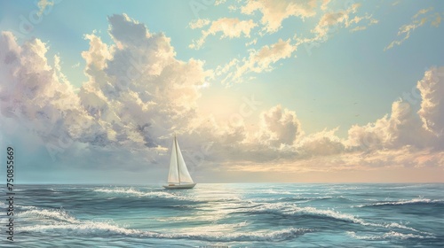 A distant sailboat navigating the gentle waves, surrounded by the serene hues of a cloud-kissed sky on a tranquil day.