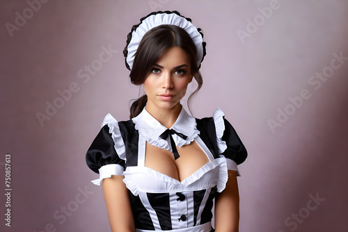 Portrait of a young beautiful maid with sensual attire. Woman in revealing maid costume