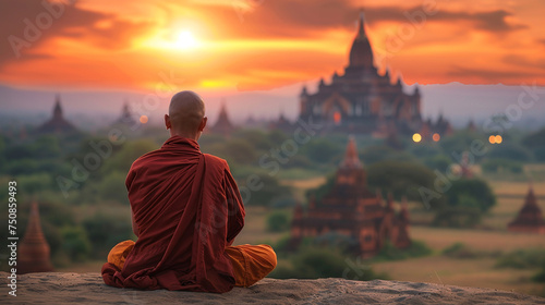 Buddhist monk praying against the background of the temple. 