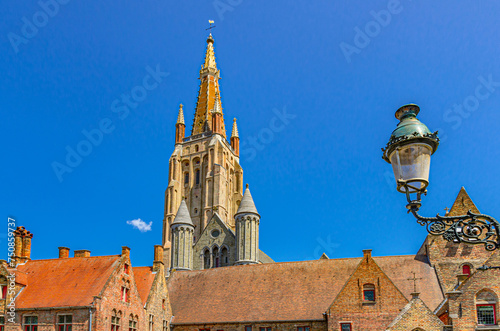 Roman Catholic Parish Church of Our Lady Gothic architecture style building with brickwork tower and Eleonora Verbeke Verbekehof museum, Brugge old town, Bruges city historical centre, Belgium