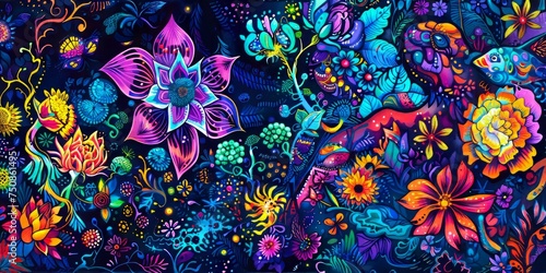 Luminous neon florals bloom in a richly detailed, colorful abstract garden scene