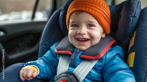 A child in a car seat wearing a blue jacket and an orange hat. Child safety on the road.