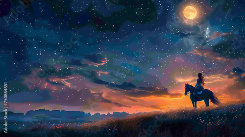 Beautiful woman on horseback under a fantastic sky. There is a bright moon and stars in the sky. Generative AI