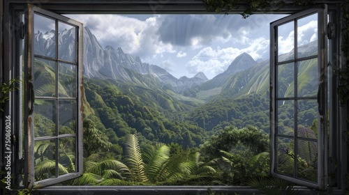 Mountains Beyond the Window" - stunning landscape through a window,