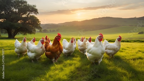 Free-range poultry exploring the field