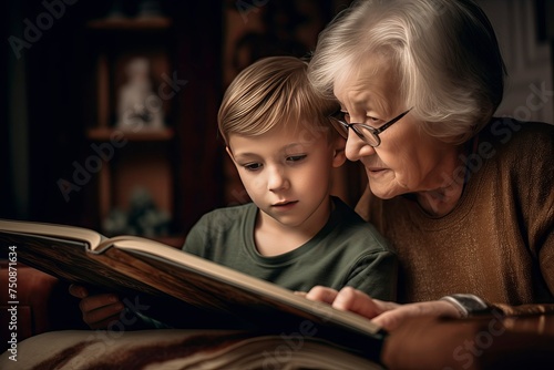 grandmother with grandson showing old photo album at home. Created with AI