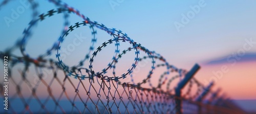 A detailed view of a barbed wire fence, showcasing the sharp metal strands twisted together. The fence looms large in the foreground, serving as a stark barrier.