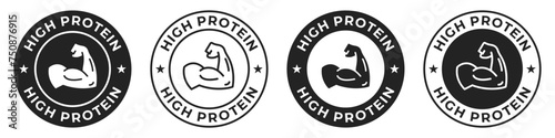 High protein label. Rich source of protein badge. Bodybuilding illustration for product packaging icon, logo, sign, symbol or emblem isolated.