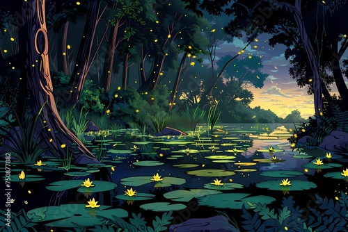 Swamp in tropical forest with fireflies at night