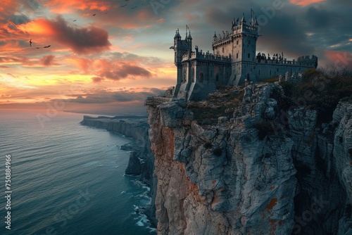 A medieval castle on a cliff overlooking the ocean, with knights and dragons. Medieval castle, cliffside setting, ocean view, knights, dragons, epic fantasy. Resplendent.