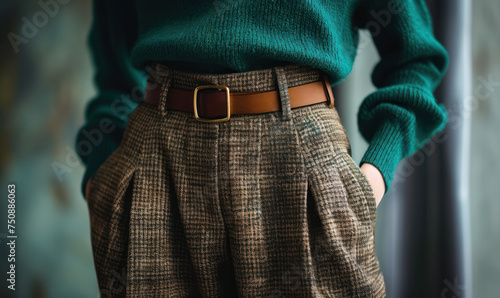 close up of woman's waist with stylish green emerald sweater and houndstooth pants, brown belt 