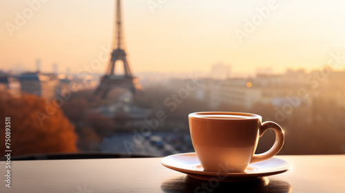 A cup of coffee against the background of the Eiffel Tower, the background is clear