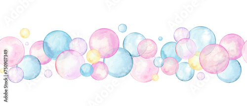 Seamless border of pink, blue, yellow polka dots. Multicolored circle in soft pastel colors. Creative minimalist style. Splashes, bubbles, round doodle spots. Watercolor illustration isolated on white