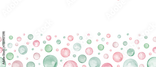 Banner of abstract seamless polka dot. Circle in soft pastel pink, green colors. Creative minimalist style. Splashes, bubbles, round doodle spots. Watercolor illustration isolated on white.