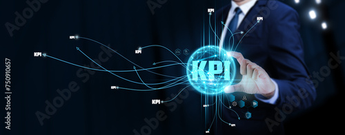 KPI: Businessman Touching Digital Global Network of Key Performance Indicator Data Exchange. Performance Metrics on Social Network Connection with Hologram Modern Interface, Monitoring Progress.