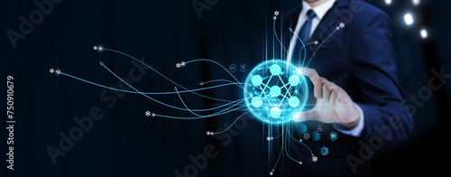 Neural Network: Businessman Touching Digital Global Network of Neural Data Exchange. Data Analysis on Social Network Connection with Hologram Modern Interface, Advanced Intelligence Integration.