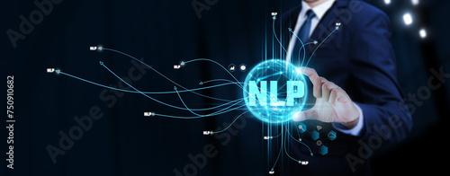 NLP: Natural Language Processing, Businessman Touching Digital Global Network of NLP Data Exchange. Interaction, Communication on Social Network Connection with Hologram Modern Interface.