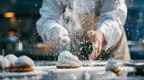 Chef cooking desserts in professional kitchen. Chef cook in a professional kitchen cooking cakes. Close up a cakes sprinkled with icing sugar.