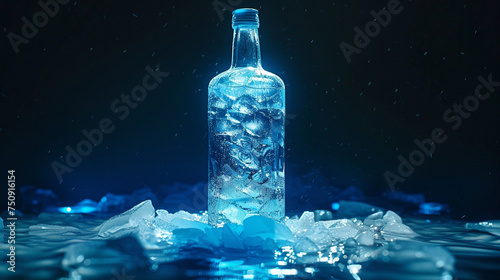 A frosty bottle of vodka emerges from the freezer, its icy exterior glistening under neon lights against a sleek black background, promising a refreshing chill.