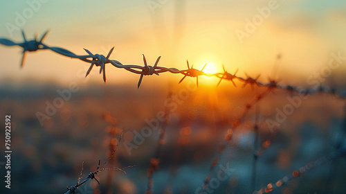 Barbed wire on blurred background. Selective focus and shallow depth of field.