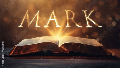 Book of Mark. Open bible revealing the name of the book of the bible in a epic cinematic presentation. Ideal for slideshows, bible study, banners, landing pages, religious cults and more.