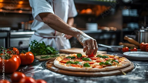 Pizza chef finishing the preparation of a tasty pizza in professional pizzeria restaurant kitchen 