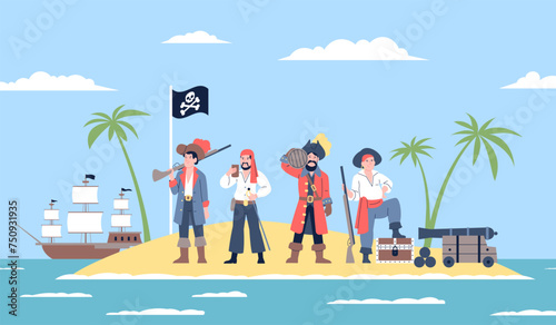 Pirate island. Cartoon robbers ship crew with wooden chests. Pirates hidden treasures on ocean beach. Corsair and team, marine adventures recent vector scene