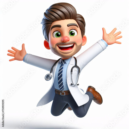 Energetic 3D doctor character jumps with joy, cartoon design, vivid colors, exaggerated characteristics, cheerful expression, textured details, concept art for animation, generative ai