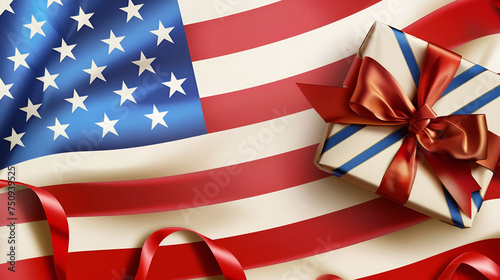 An American flag with a bright gift, symbolizing the pride and joy of national holidays.