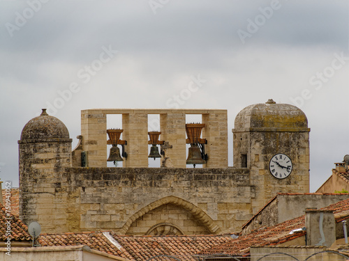 Bells atop Notre-Dame-des-Sablons (Our lady of the sands) church in Aigues-Mortes medieval city, Gard, France
