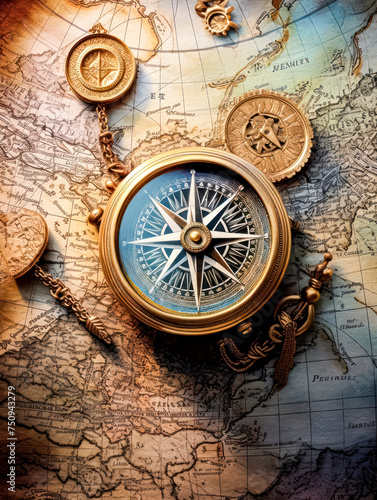 An antique compass placed on a vintage map evokes nostalgia and beckons to tales of adventure, making it a perfect backdrop for retro themed designs.