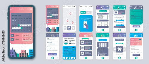 Booking mobile app screens set for web templates. Pack of searching hotel room, online ordering flight tickets, payment in account. UI, UX, GUI user interface kit for cellphone layouts. Vector design