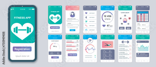 Fitness mobile app screens set for web templates. Pack of sports list, steps counter, wight or pulse information, exercise progress. UI, UX, GUI user interface kit for cellphone layouts. Vector design