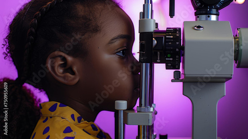 Optometrist performing visual field test of afro american young girl