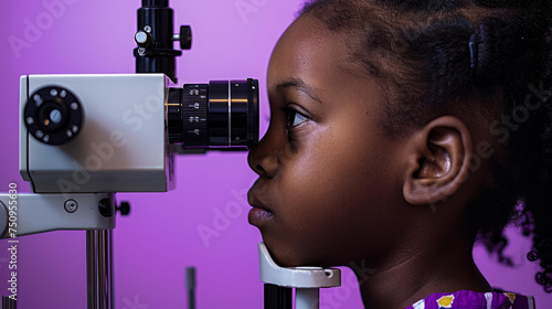 Optometrist performing visual field test of afro american young girl