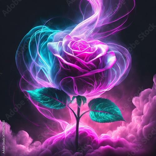 Rose flower in neon, iridescent colors shrouded in mist on a black background