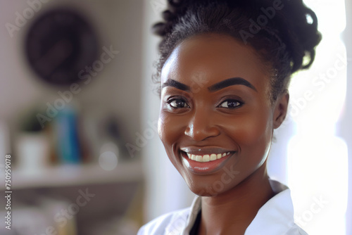 Photograph showcasing a cheerful African American dermatologist in her clinic. Ideal for dermatology clinics, skincare product advertisements, or beauty and wellness websites.